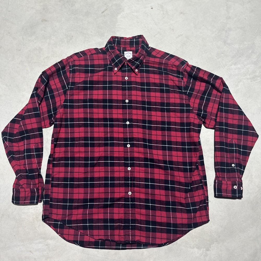 Brooks Brothers Men Red Black Plaid Flannel Button Down Shirt SZ L 100% Cotton